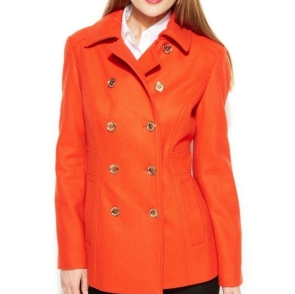 Michael Kors Women's Orange Wool Blend Double Breasted Pea Coat‎ Size 10 Classic